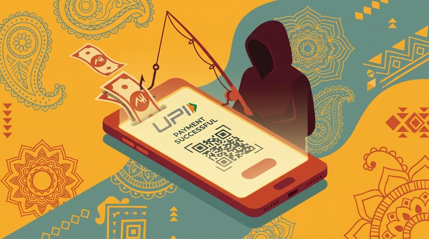Illustration of UPI scam and phishing attack showing online fraud in India through smartphone