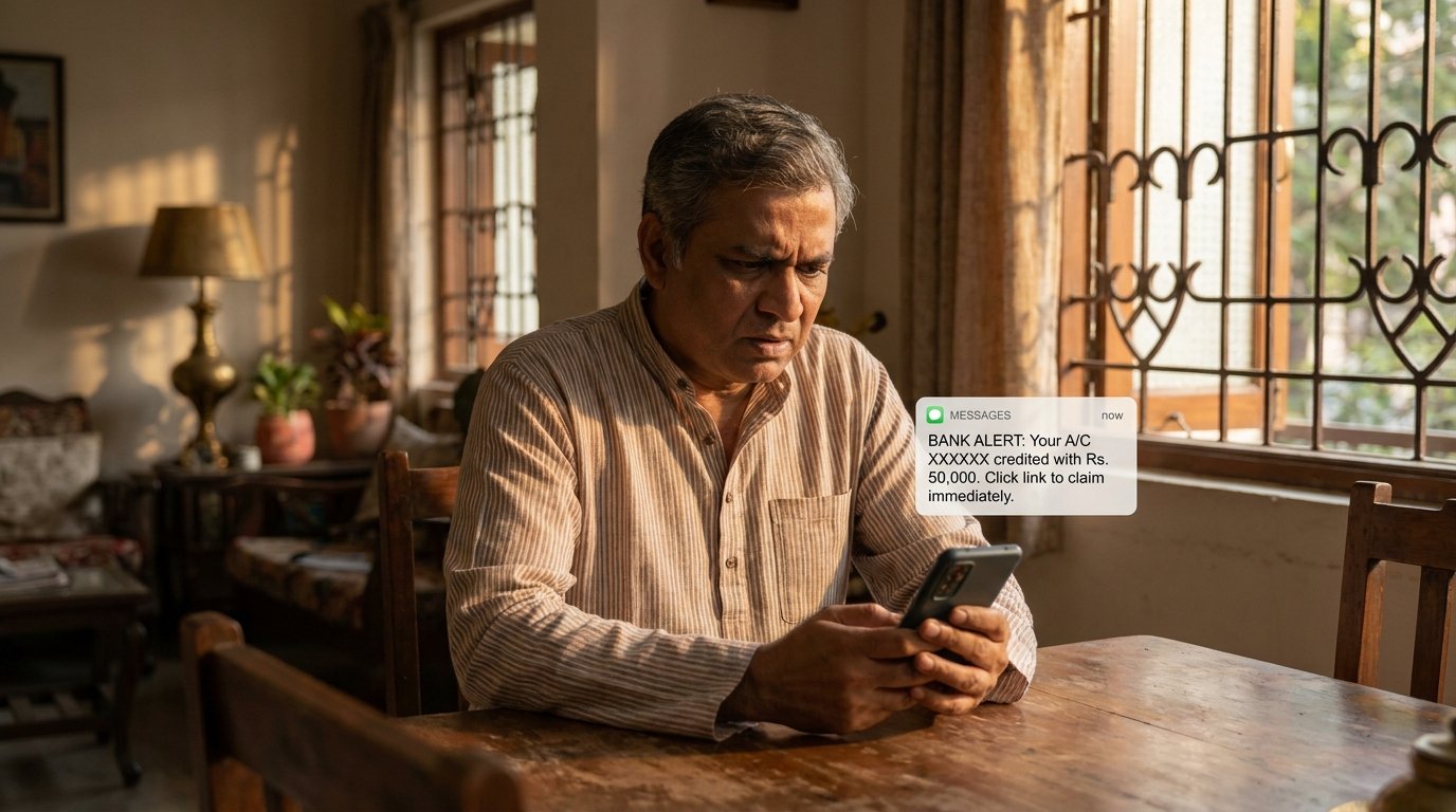 Indian man receiving suspicious SMS at home, depicting OTP fraud and cyber crime India scenarios