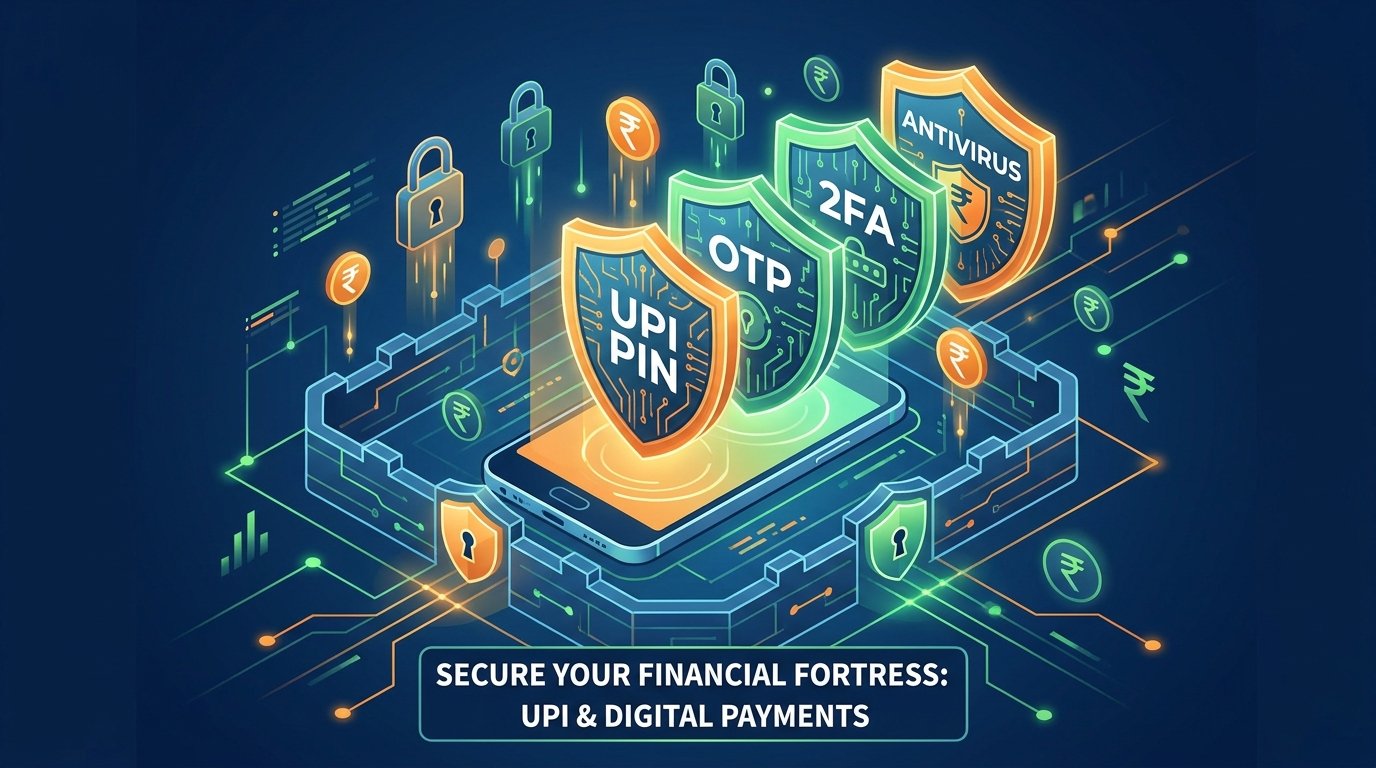 Layered digital safety tips and cybersecurity in India shown as protective shields around smartphone
