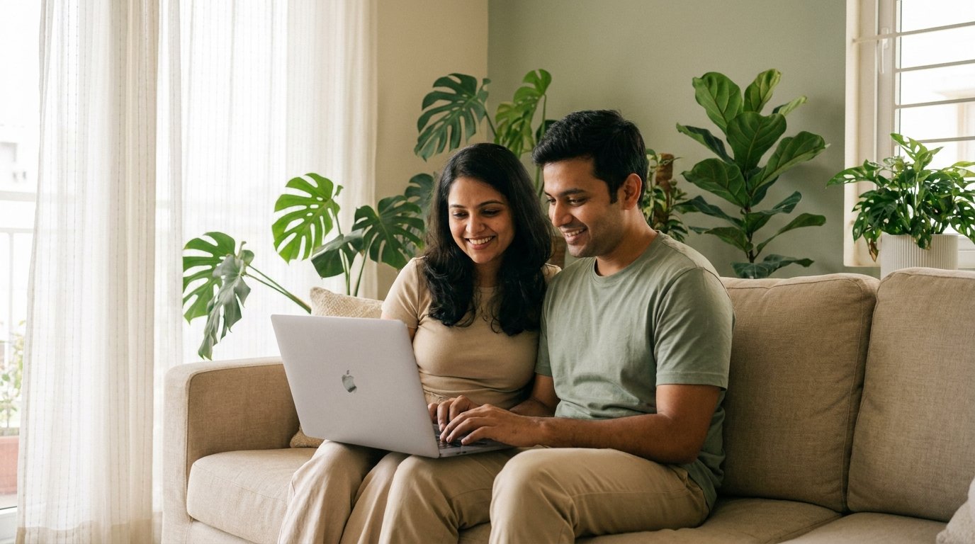 Young Indian couple reviewing banking app safely, showing good digital safety tips and online habits