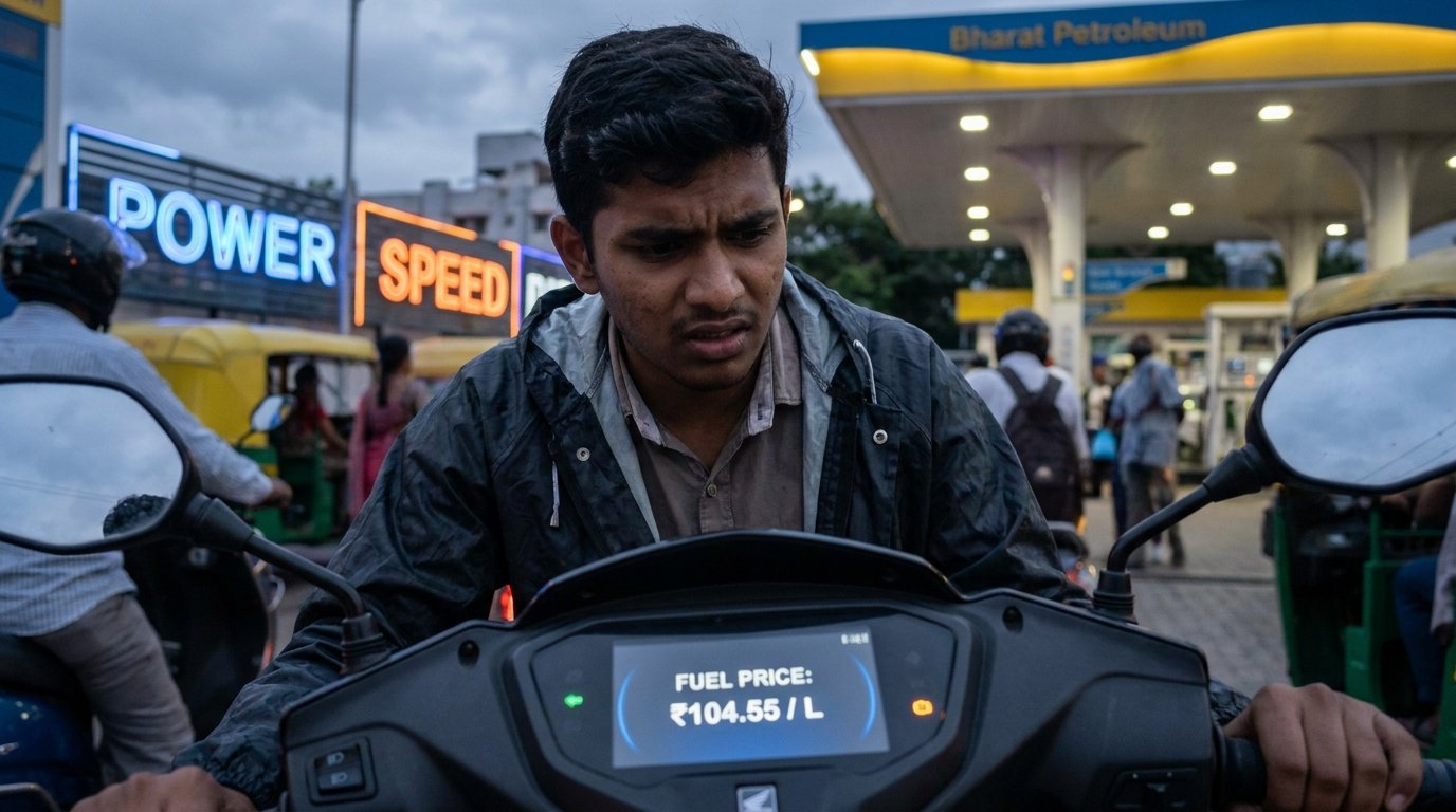 Young Indian commuter checking rising petrol prices showing weak rupee effect on India