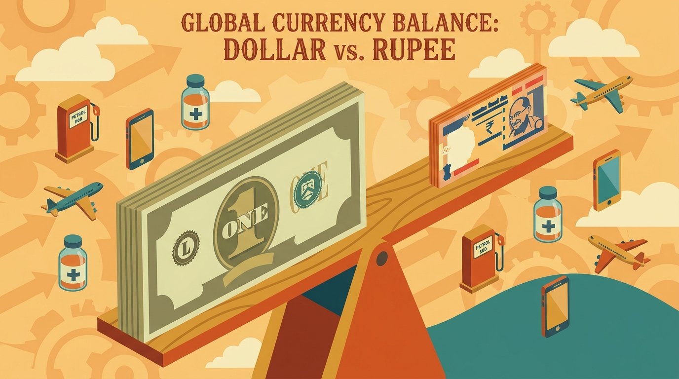 Illustration showing USD to INR exchange rate seesaw affecting petrol, gadgets and travel costs
