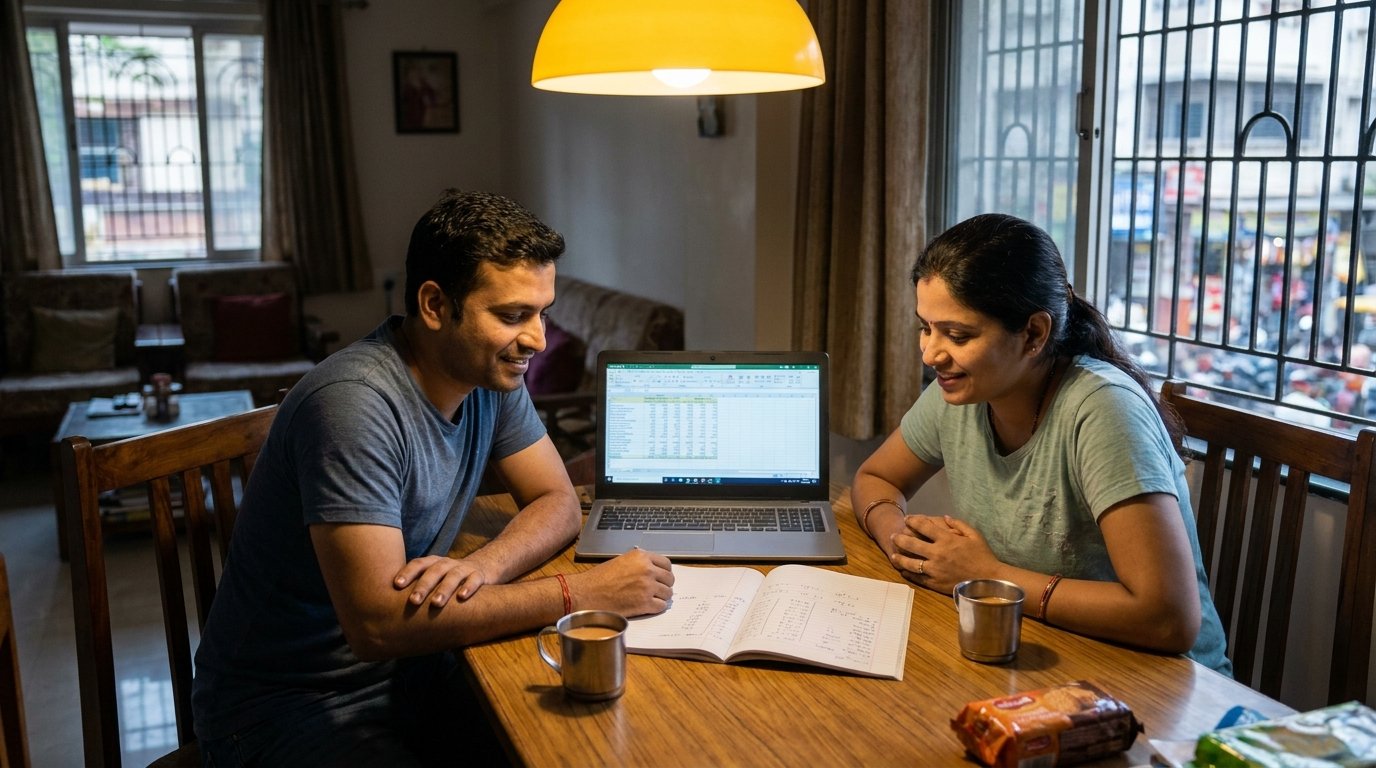 Indian couple planning monthly budget to handle rupee depreciation impact on household expenses