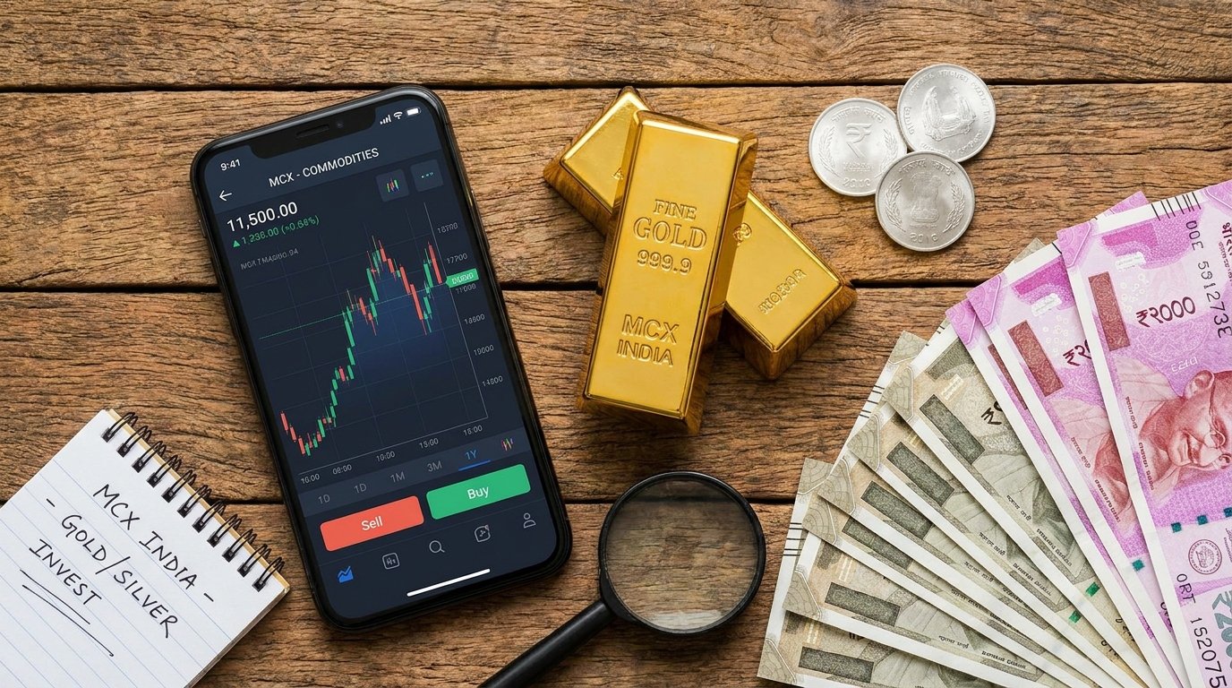 Flat lay of MCX trading app gold bar silver coins and rupee notes representing Indian commodity market investment in 2026