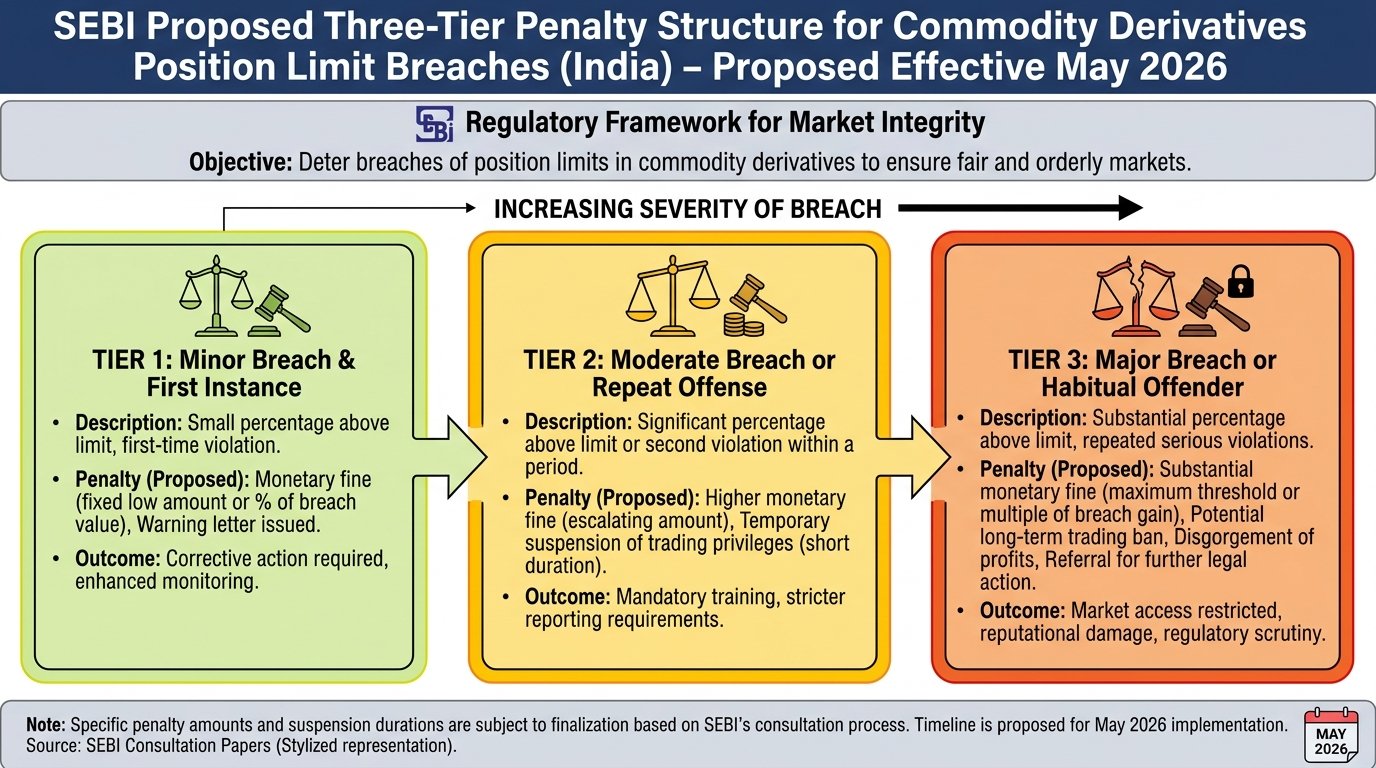Infographic showing SEBI May 2026 proposed three-tier penalty structure for commodity derivatives position limit breaches in India