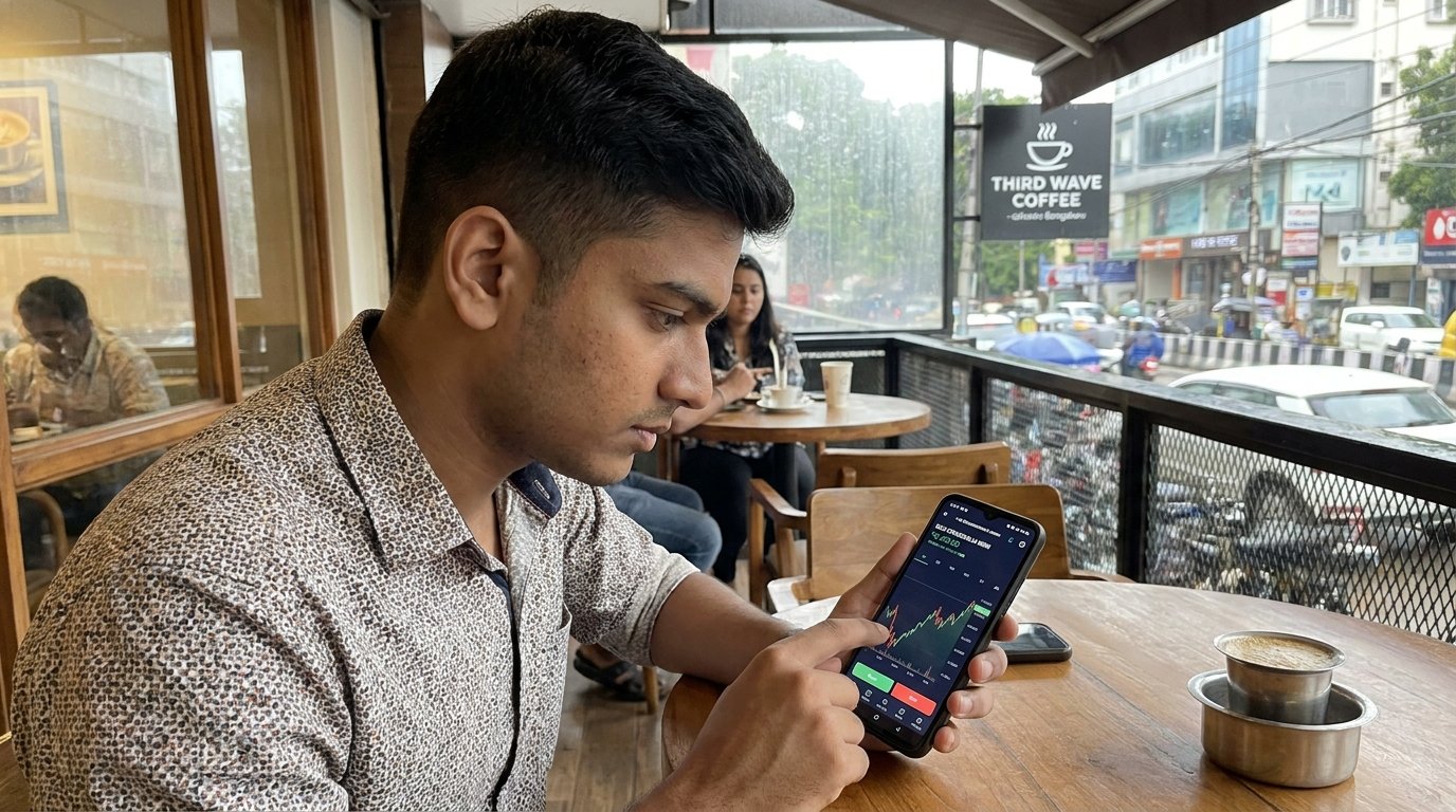 Young Indian trader analyzing MCX crude oil mini CRUDEOILM contract on trading app at a Bengaluru cafe in 2026