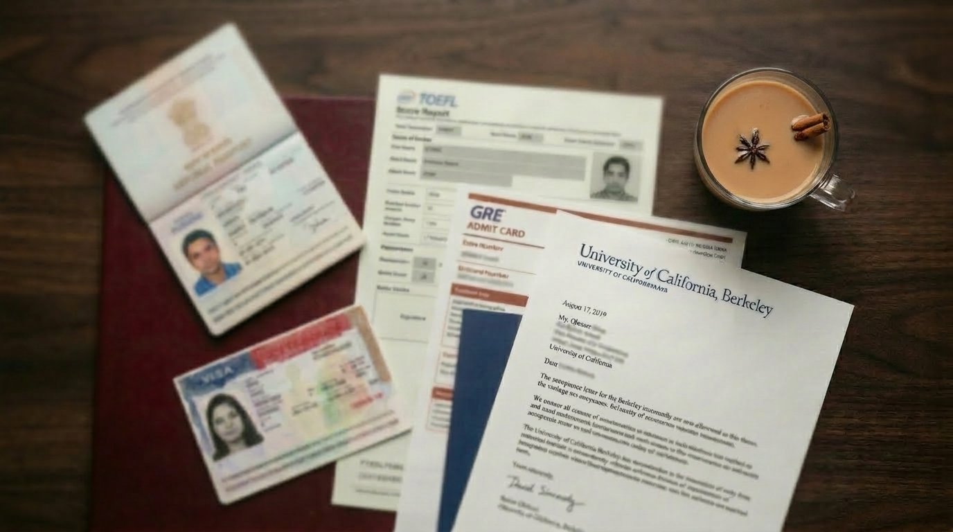 Indian passport beside US F-1 student visa documents, GRE score card and university acceptance letter — F-1 visa rejection rate India 2026
