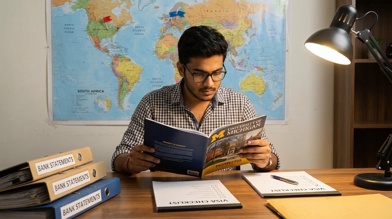 Indian student organizing bank statements and visa checklist for the US student visa application process in 2026