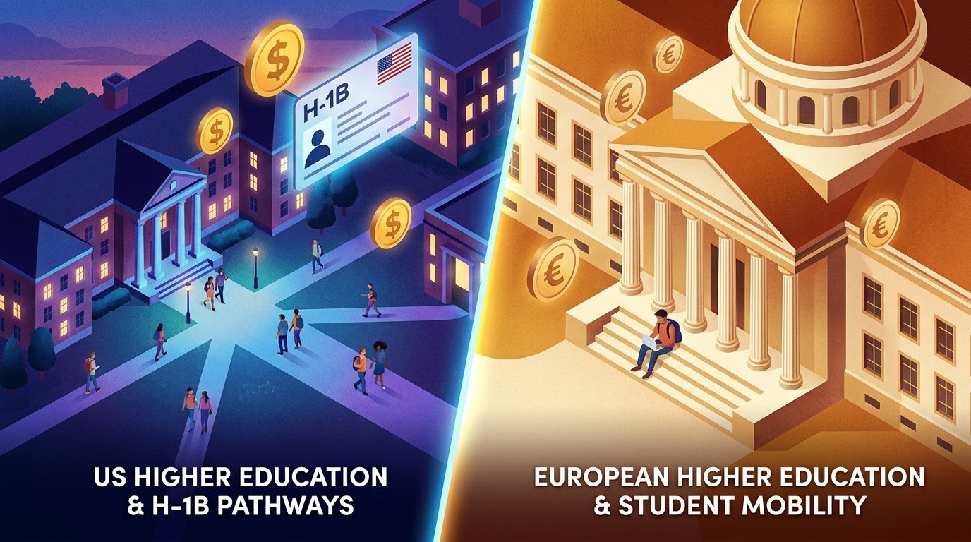 Isometric infographic comparing studying in the US versus Germany and Europe for Indian students — STEM OPT advantage versus zero tuition