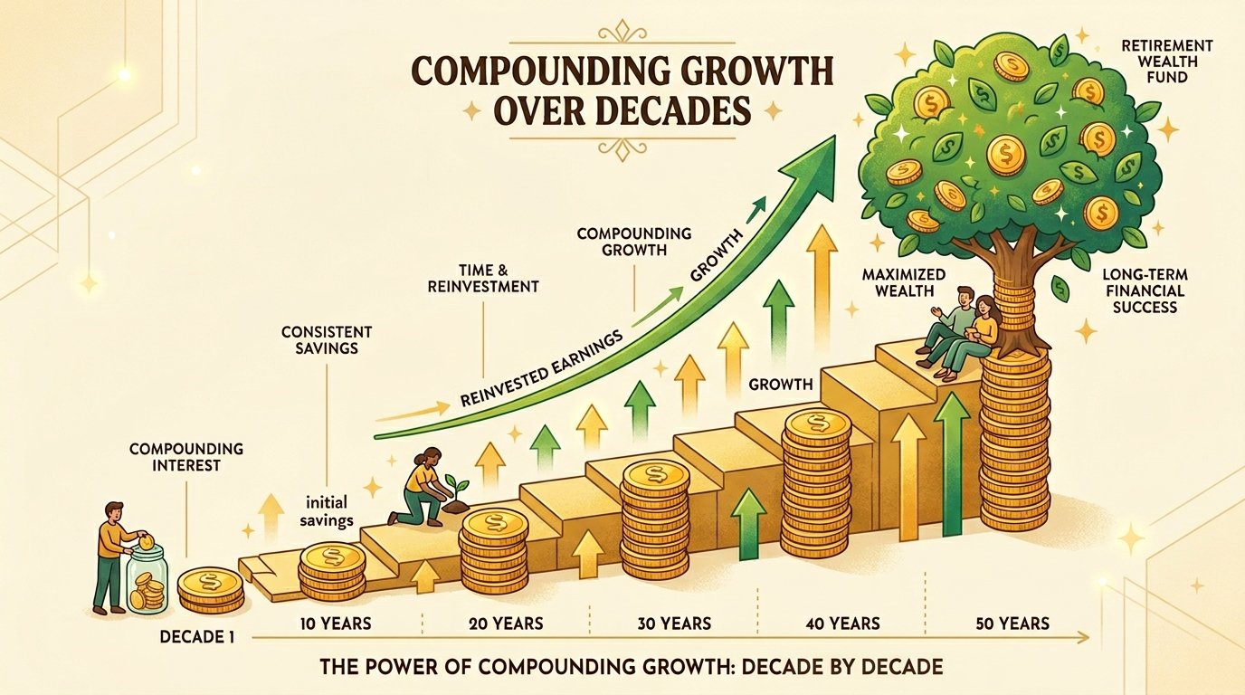 Isometric infographic of coins growing into a rising staircase, illustrating how a 401k match compounds over years