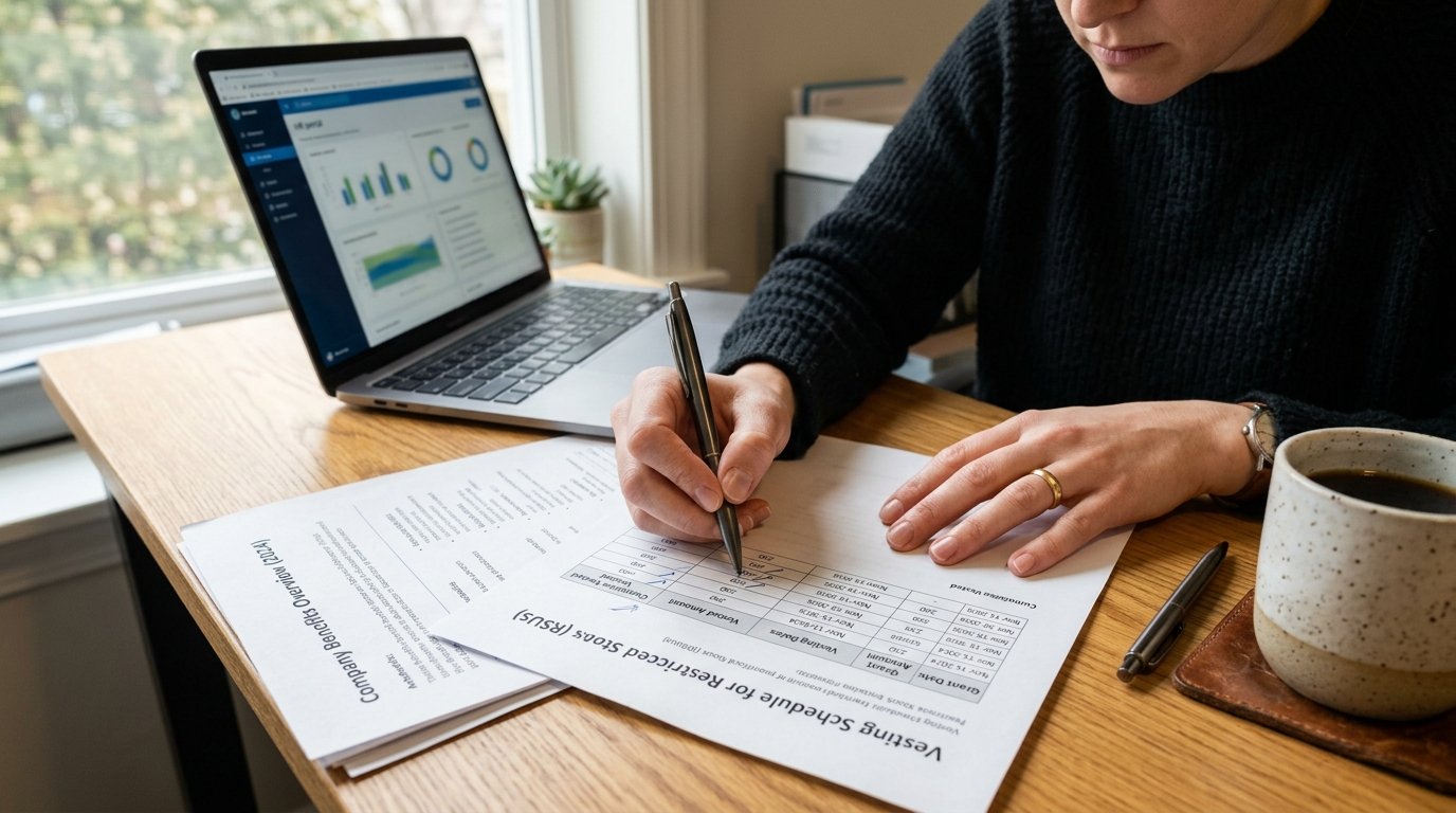 Hands reviewing 401k benefits paperwork and a vesting schedule on a laptop with coffee on a wooden desk
