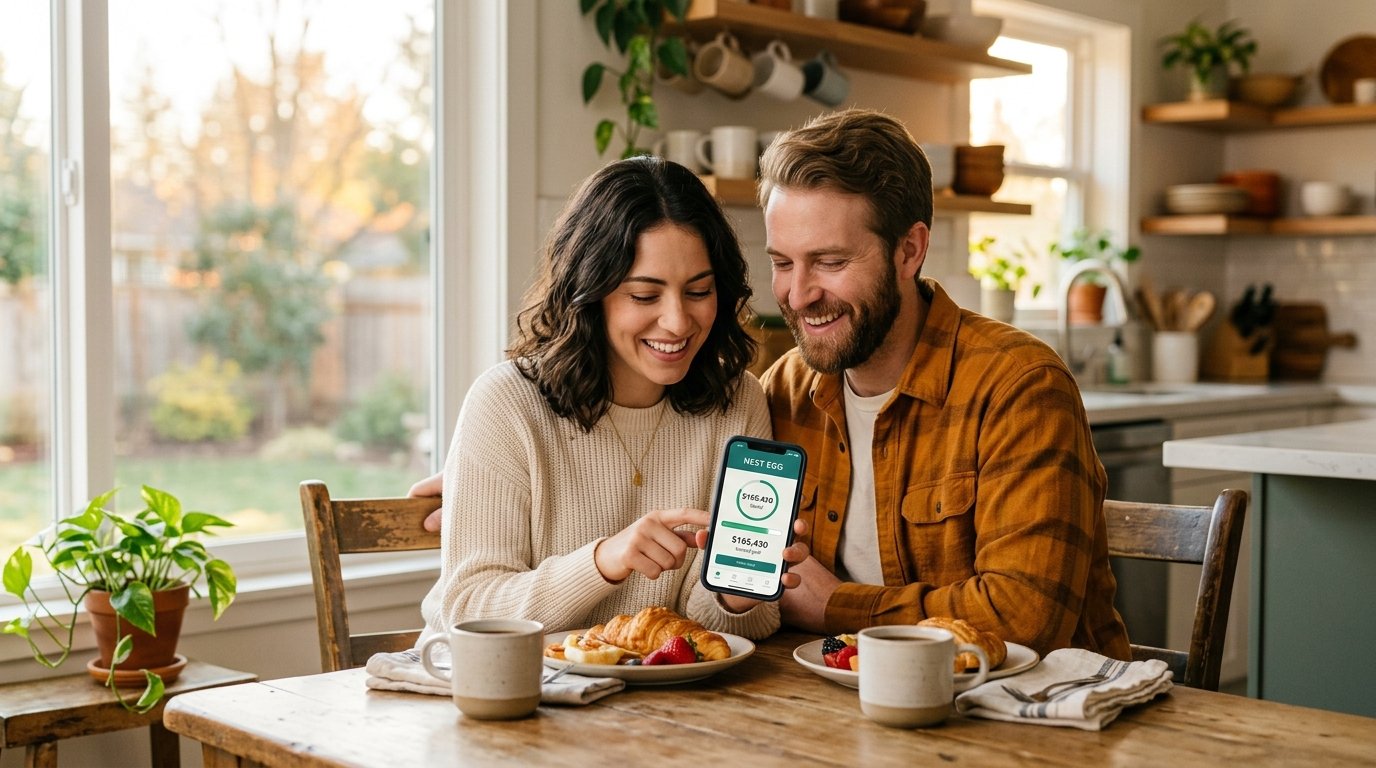 Smiling South Asian couple checking a retirement savings app on a phone, happy about their 401k match growing