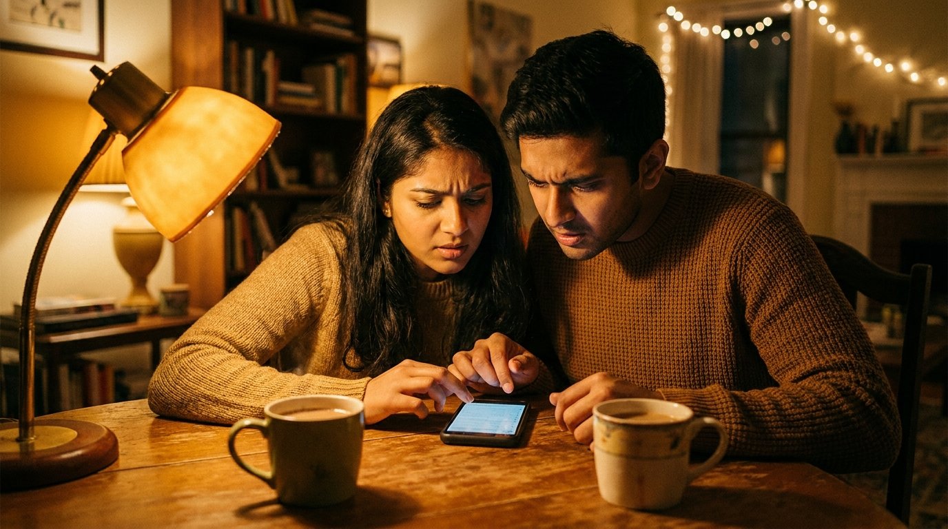 Young Indian couple at home weighing whether to start crypto investing for beginners, checking prices on a phone