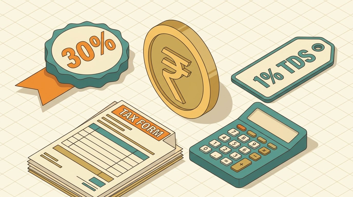 Isometric illustration explaining crypto tax in India with 30 percent rate and 1 percent TDS on virtual digital assets