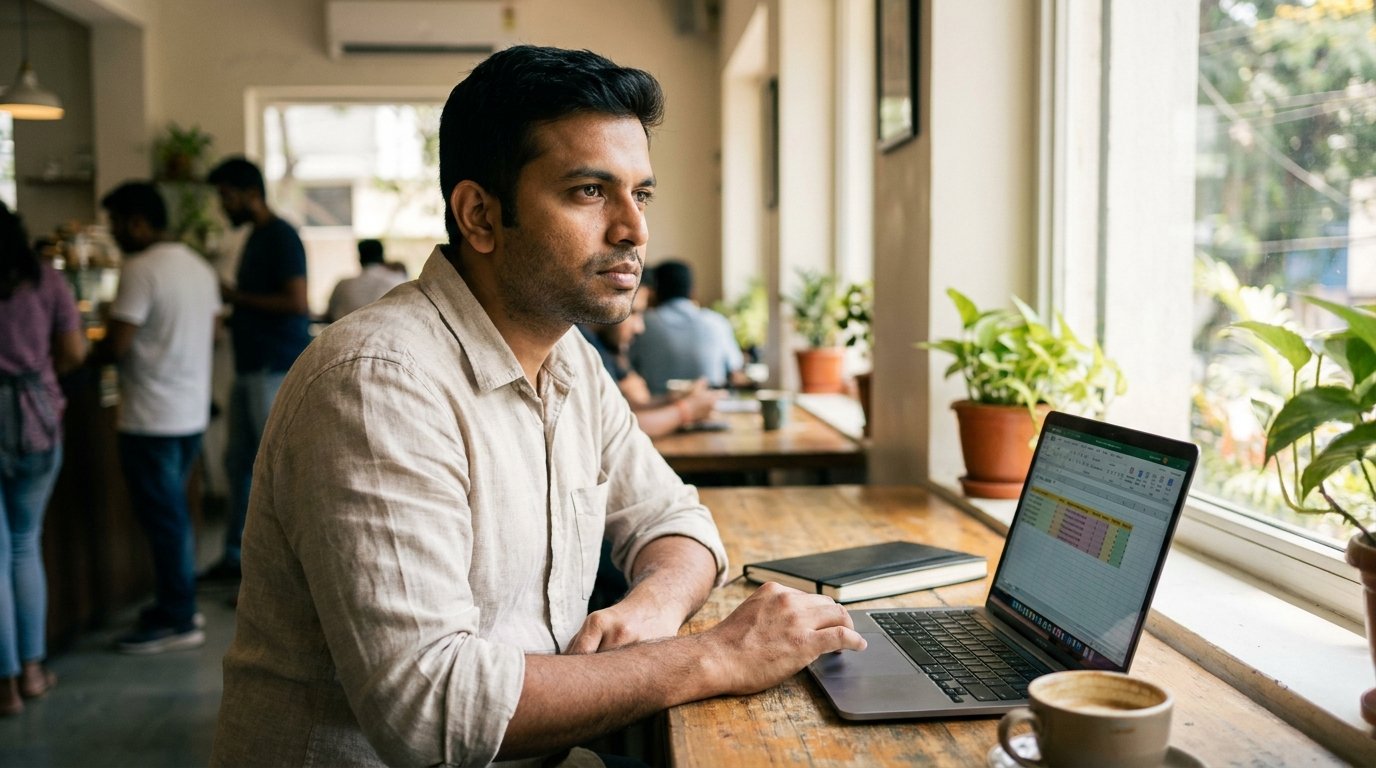 Young Indian professional planning a crypto investing strategy and budget on a laptop at a cafe in Bengaluru