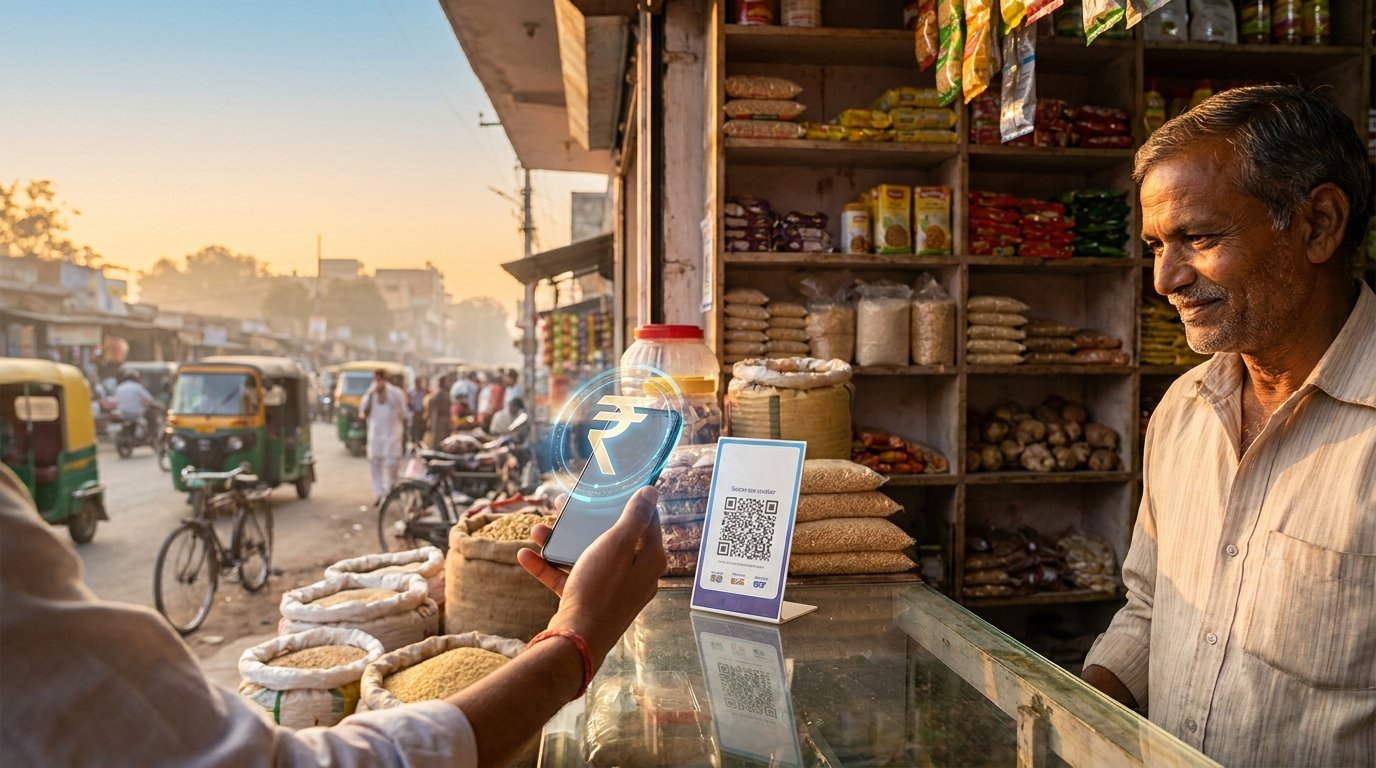 Digital Rupee payment via QR code at an Indian shop showing the future of cryptocurrency in India and CBDC adoption