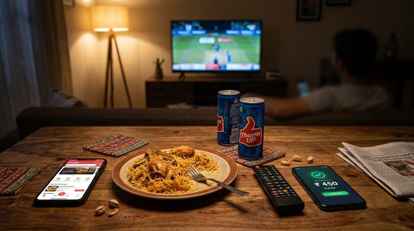 Food delivery app, biryani and soda during an IPL match, showing the IPL effect on quick commerce businesses at home