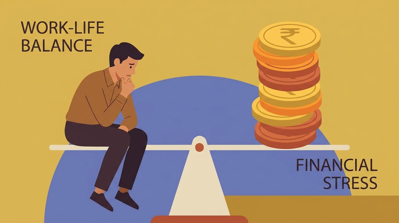 Illustration of an employee weighed on a balance against rupees, showing employee value versus cost