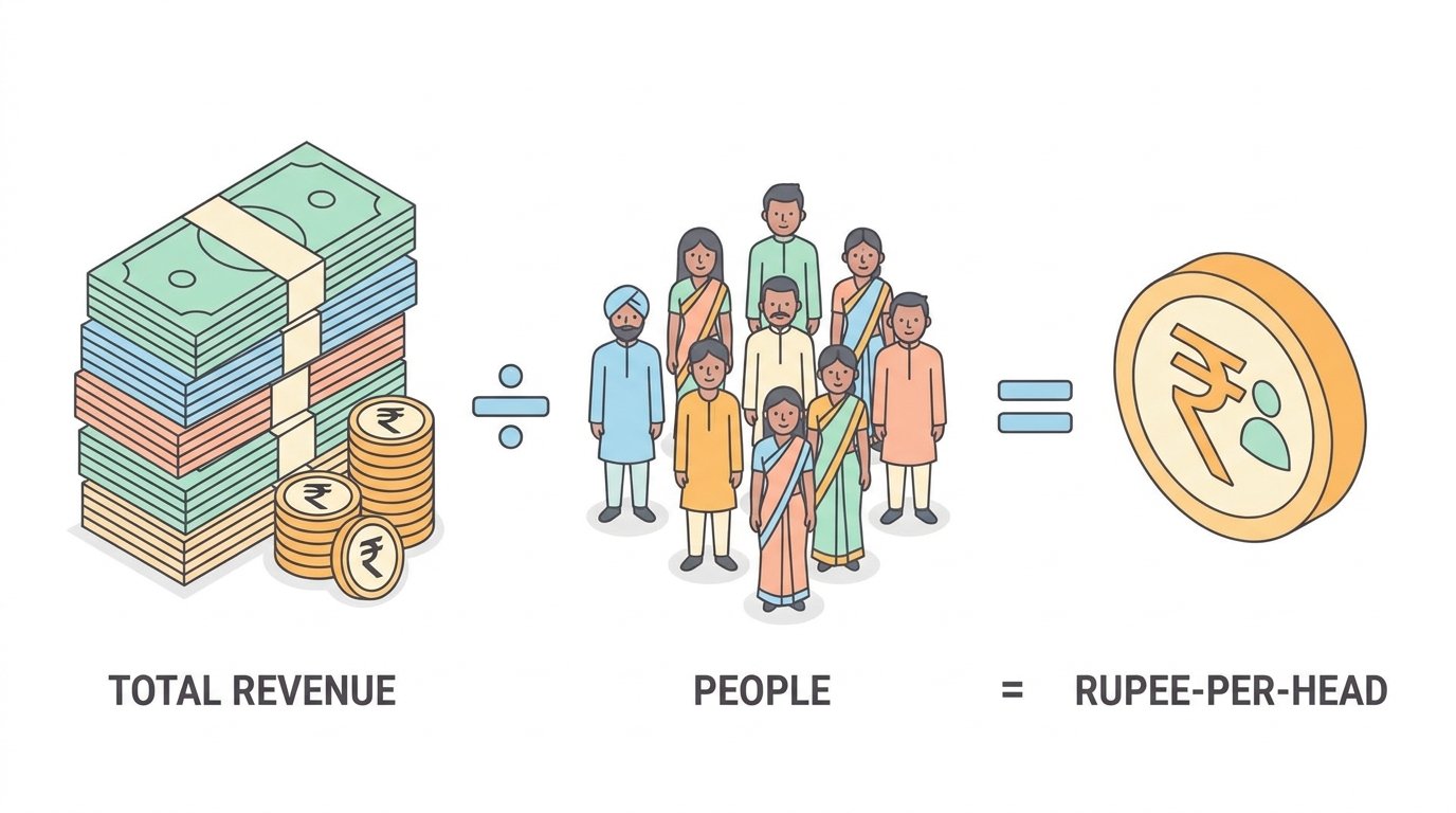 Isometric infographic explaining the revenue per employee formula with rupee figures