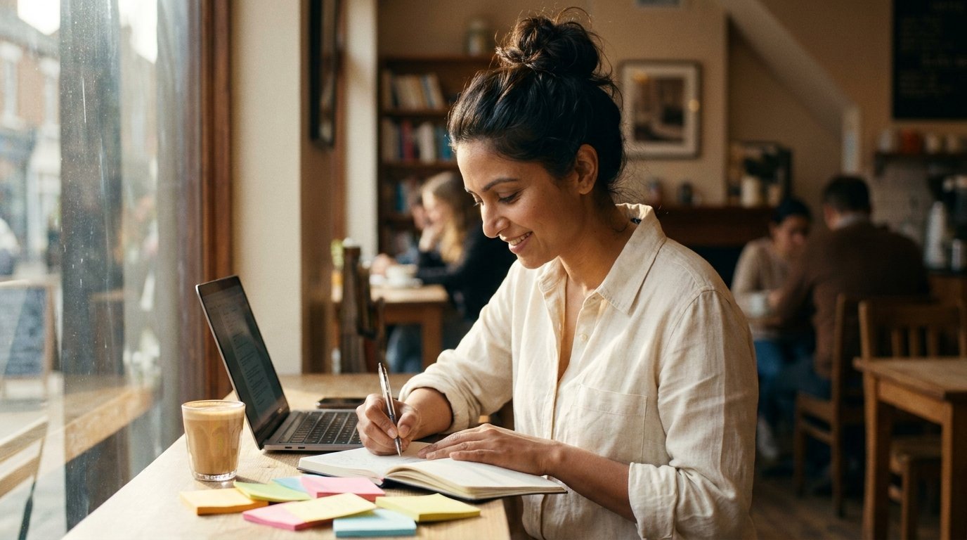 Indian professional planning her work to increase employee productivity at a cafe with chai and notes