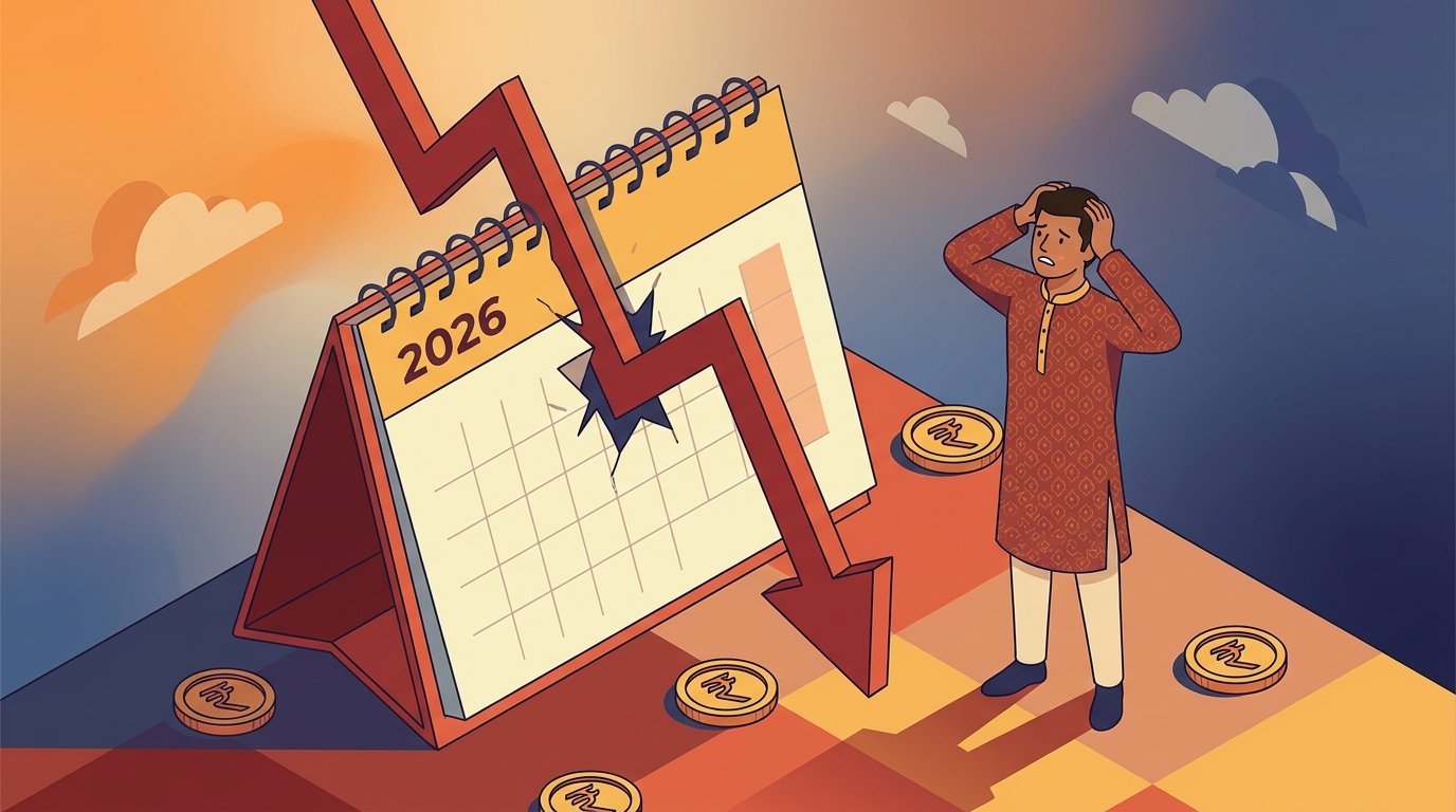 Illustration of the Indian stock market 2026 correction with a falling Nifty graph and a worried retail investor
