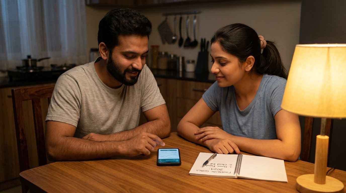 Indian couple planning a monthly SIP investment strategy during the 2026 stock market volatility
