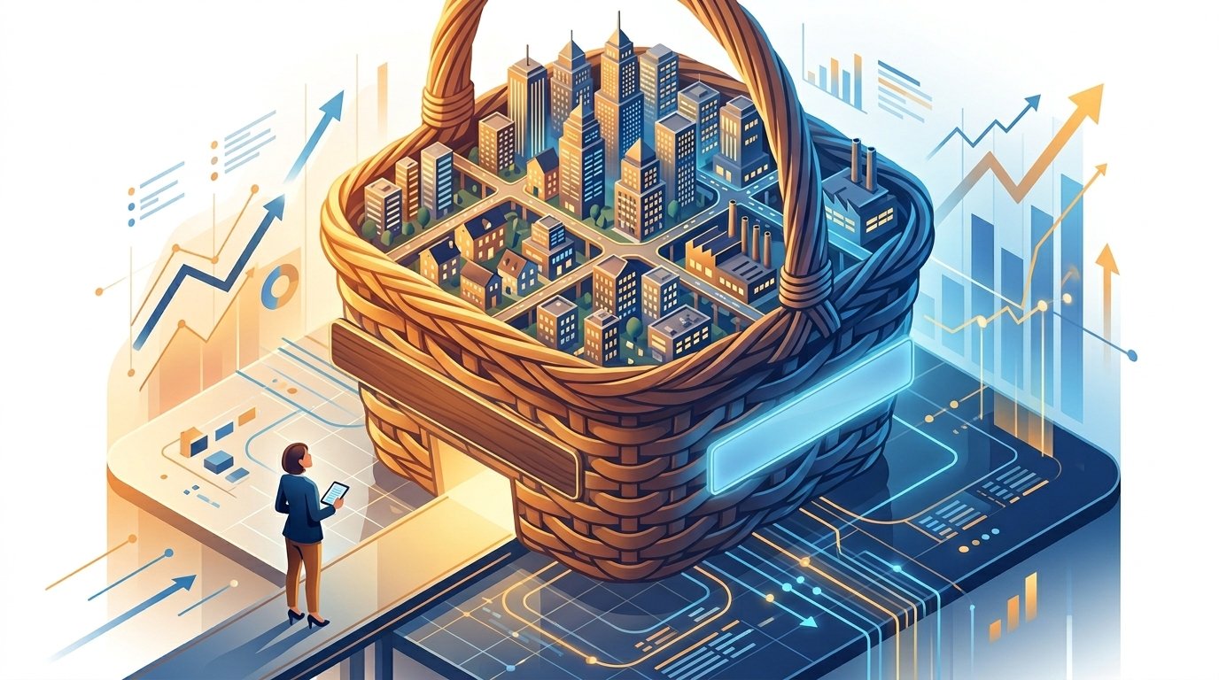 Illustration of US stock market indices shown as a basket of companies for beginners learning to invest