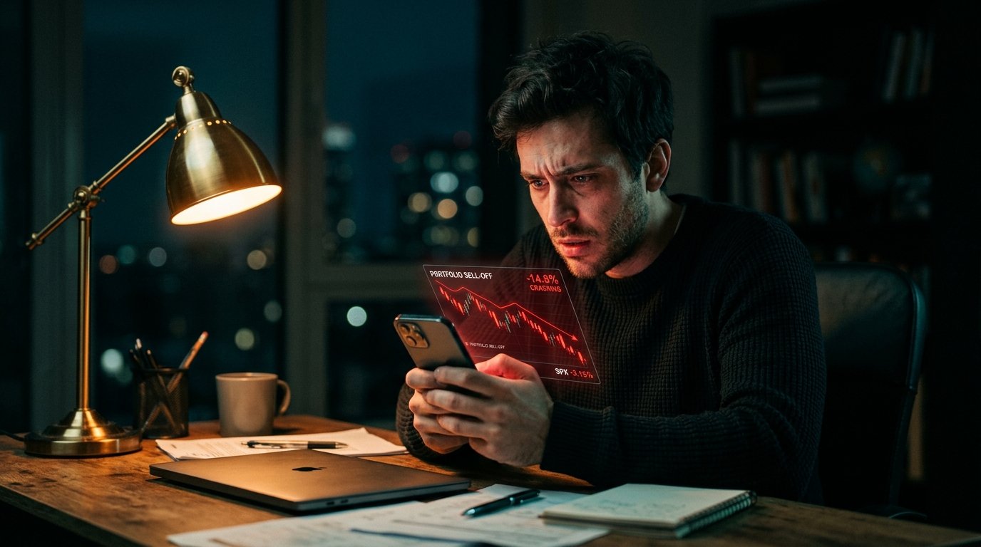 Anxious beginner checking a falling portfolio at night, a common mistake when investing in US stocks