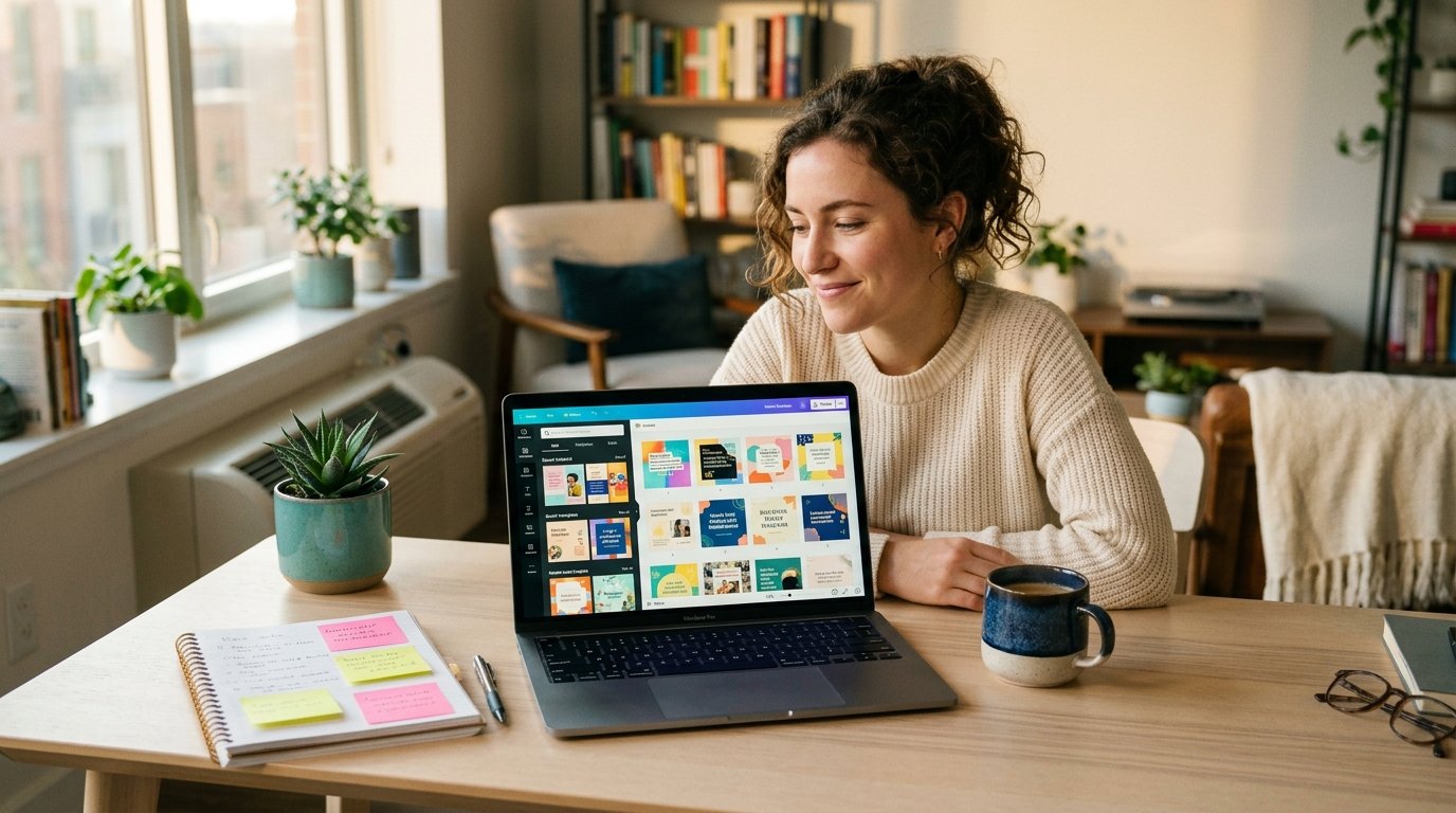 Young woman at a laptop designing graphics, showing how to make money with Canva without design skills in 2026.