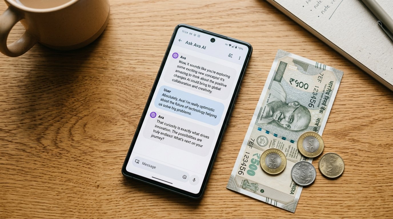 Smartphone showing an AI chat next to rupee notes, representing how to earn money online India with AI