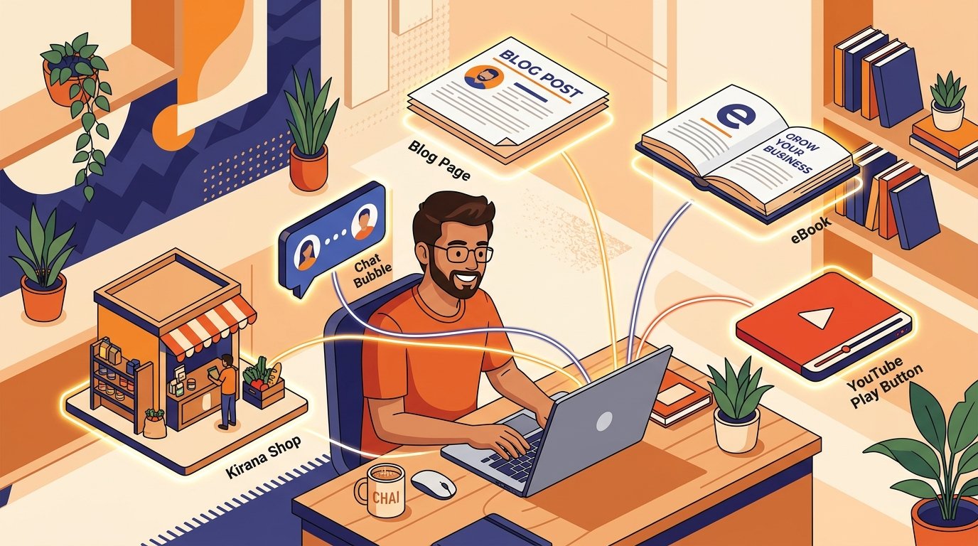 Illustration of multiple ChatGPT income ideas including writing, ebooks and local business services in India