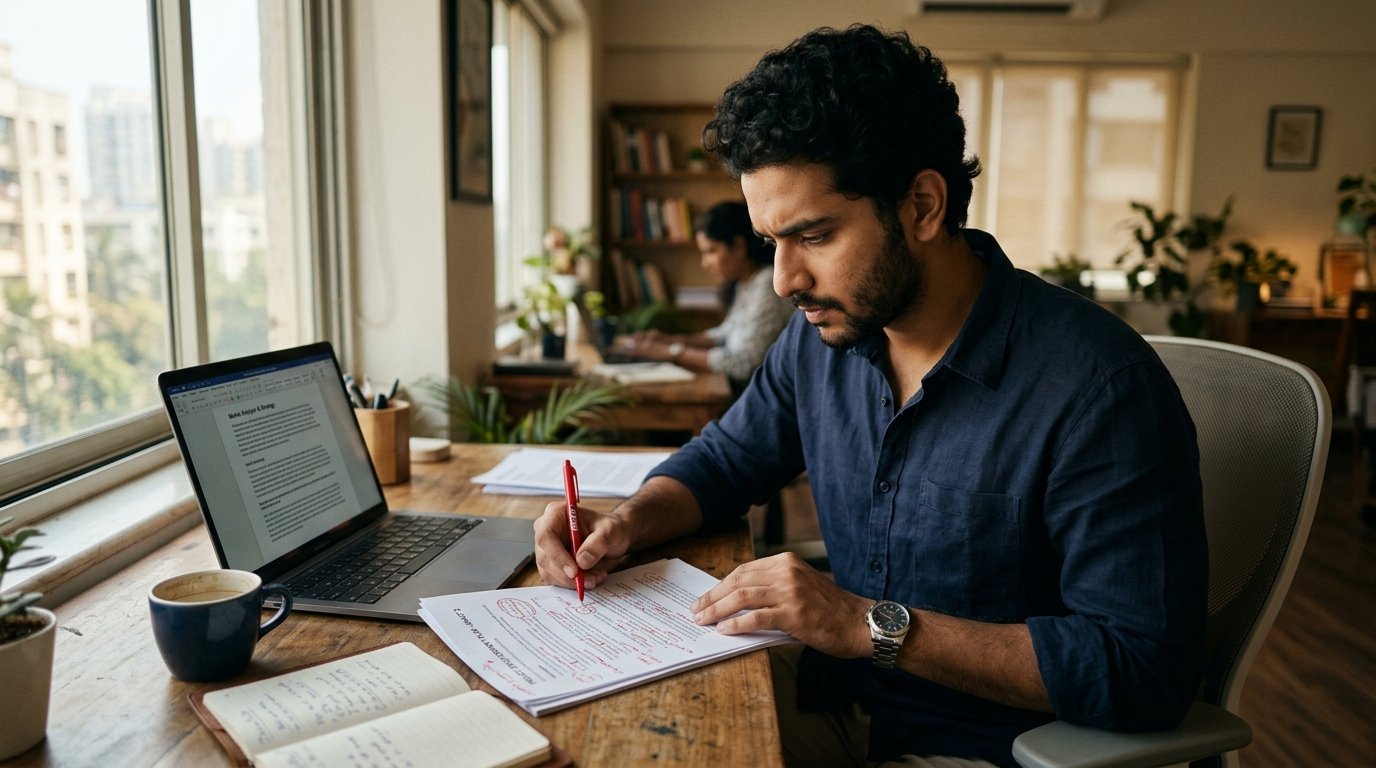Person editing AI-written content with a red pen, showing the right way to use ChatGPT side hustle India