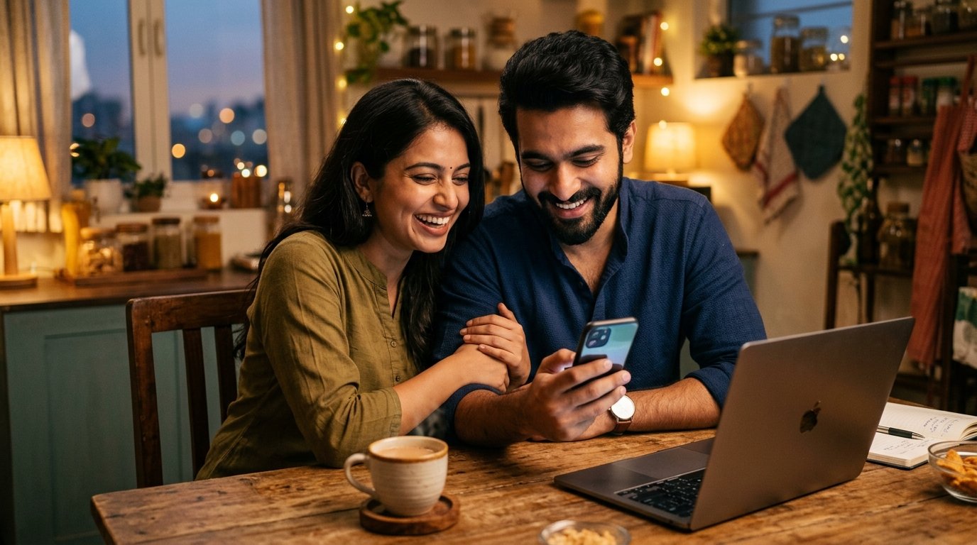 Young Indian couple checking online earnings on a phone, celebrating extra income from AI freelancing India