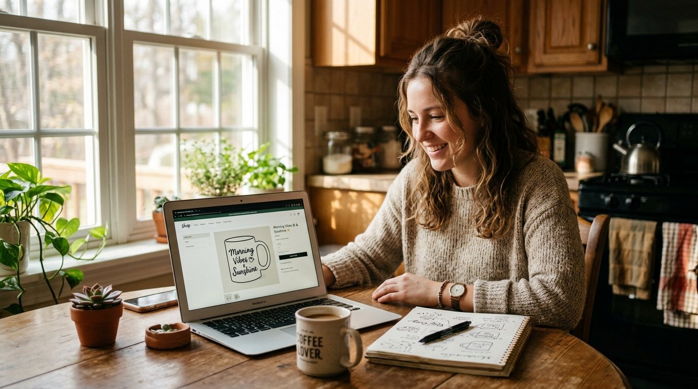 Woman planning a print on demand business at home, reviewing mug and t-shirt mockup designs on a laptop