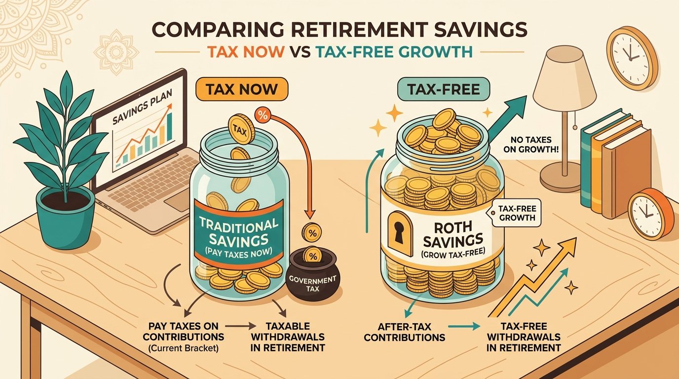 Infographic comparing tax-now Roth and tax-later Traditional IRA savings with 2026 contribution limits
