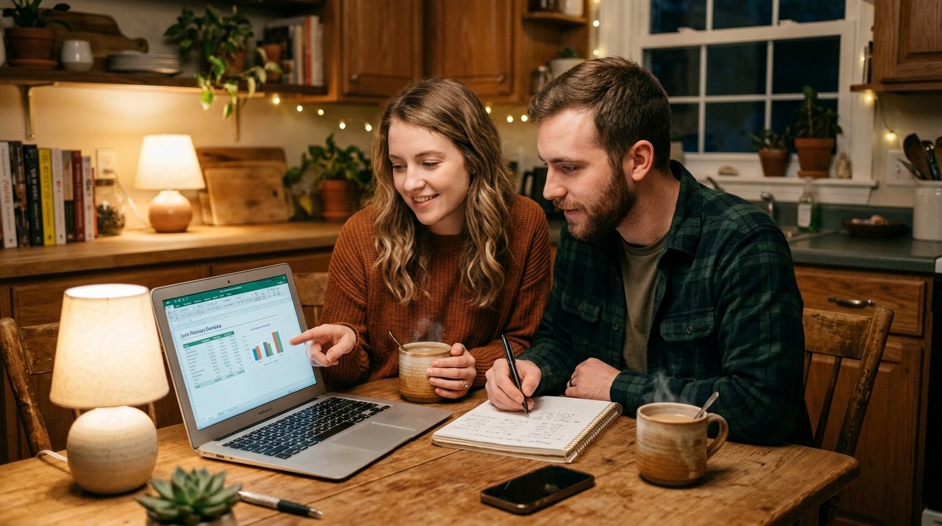Indian-American couple reviewing IRA retirement account decisions together at their kitchen table