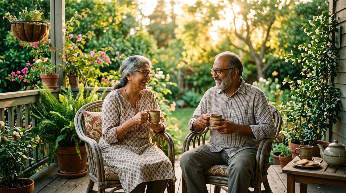 Retired Indian-American couple relaxing on a porch enjoying tax-free retirement income from a Roth IRA