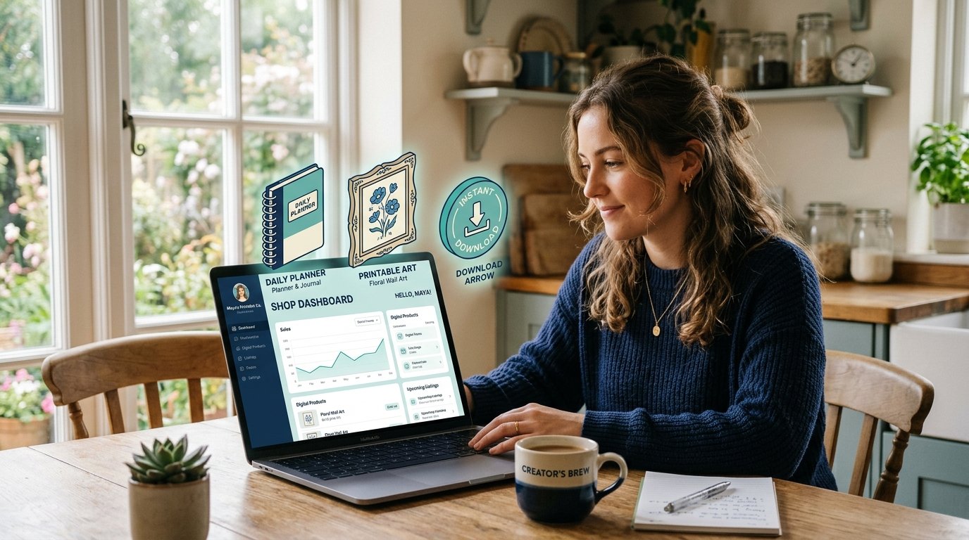 Woman selling digital products on Etsy from her laptop, surrounded by printable templates and zero physical inventory