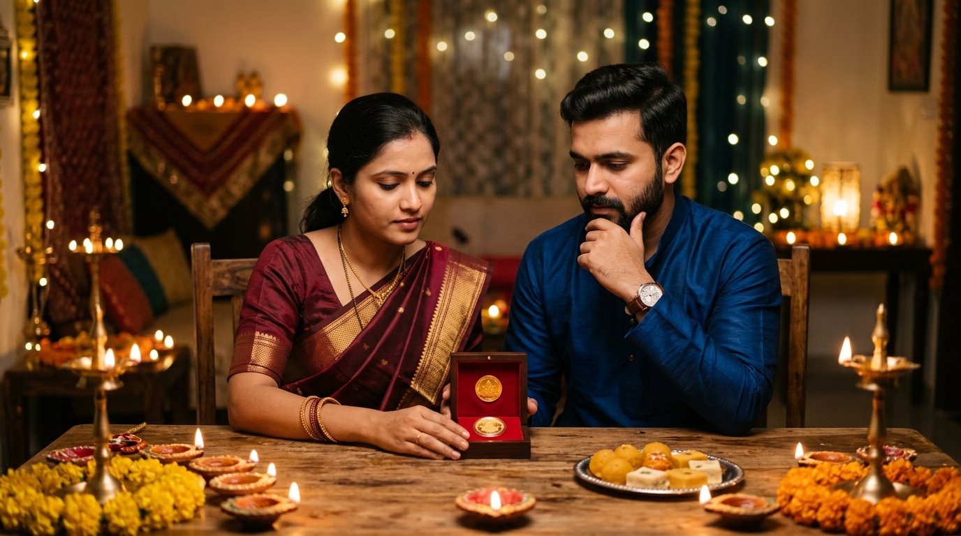 Indian couple weighing whether buying physical gold is a good investment during a festival