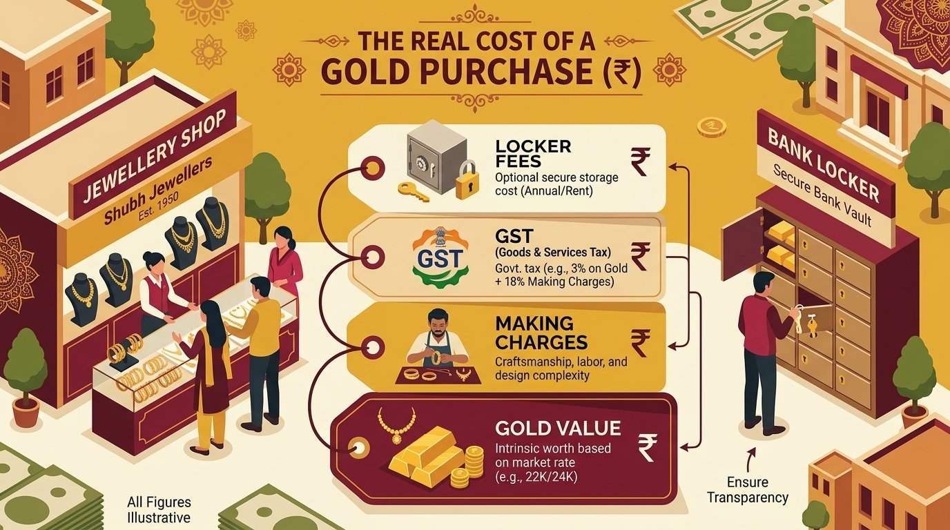 Illustration of physical gold making charges, GST and locker costs added on top of the gold price