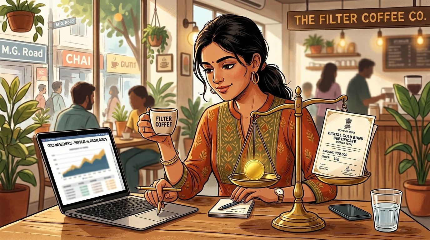 Young Indian investor comparing sovereign gold bonds vs physical gold while planning her gold investment