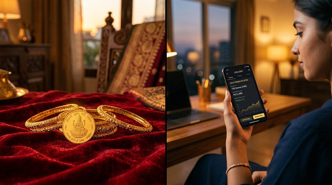 Gold coins next to a phone showing gold investment returns in India over a cup of chai