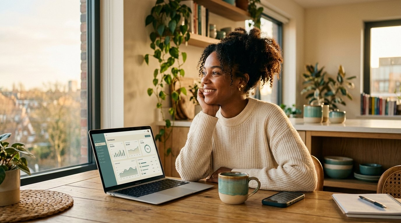 Young woman using a laptop at home to earn from websites that pay you daily for simple tasks like surveys and app testing
