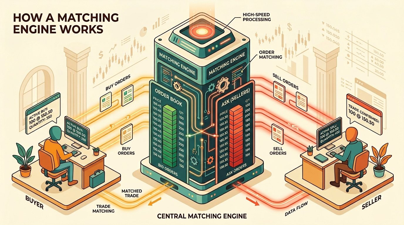 Isometric illustration of a stock exchange matching engine pairing buyers and sellers in real time