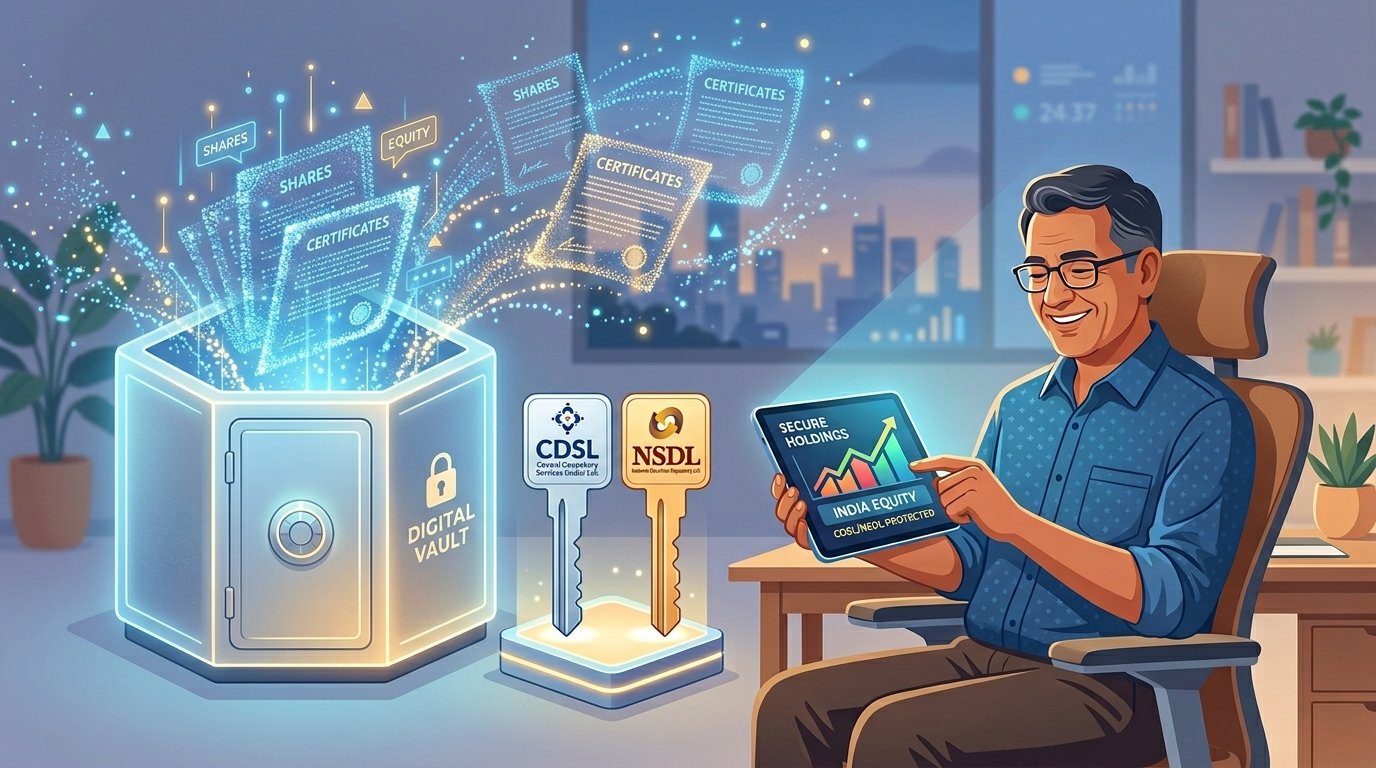 Digital demat account vault holding shares safely with CDSL and NSDL depositories in India