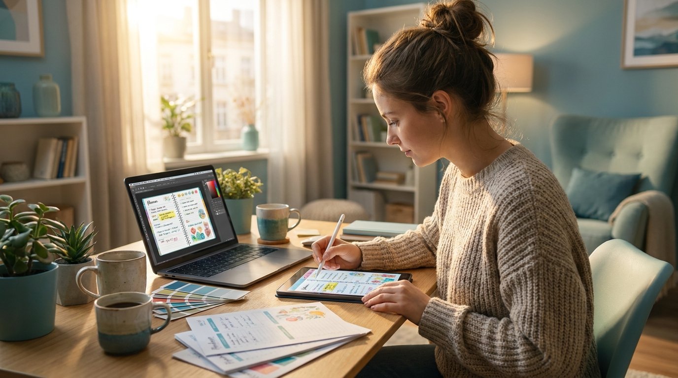 Creator at a laptop designing planner templates, showing how to sell digital planners online from a cozy home desk.