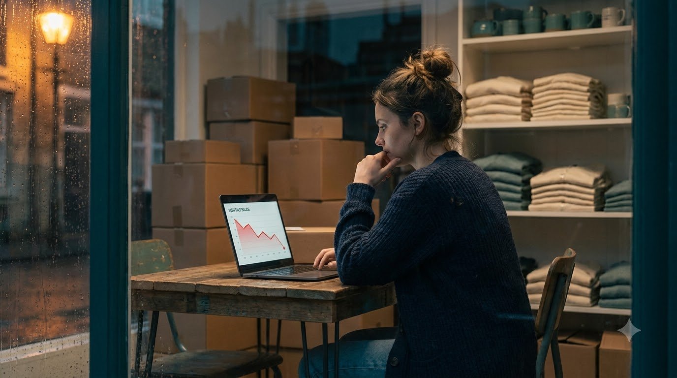 Small business owner reviewing falling ad results on a laptop in her shop, illustrating why Indian businesses fail at marketing