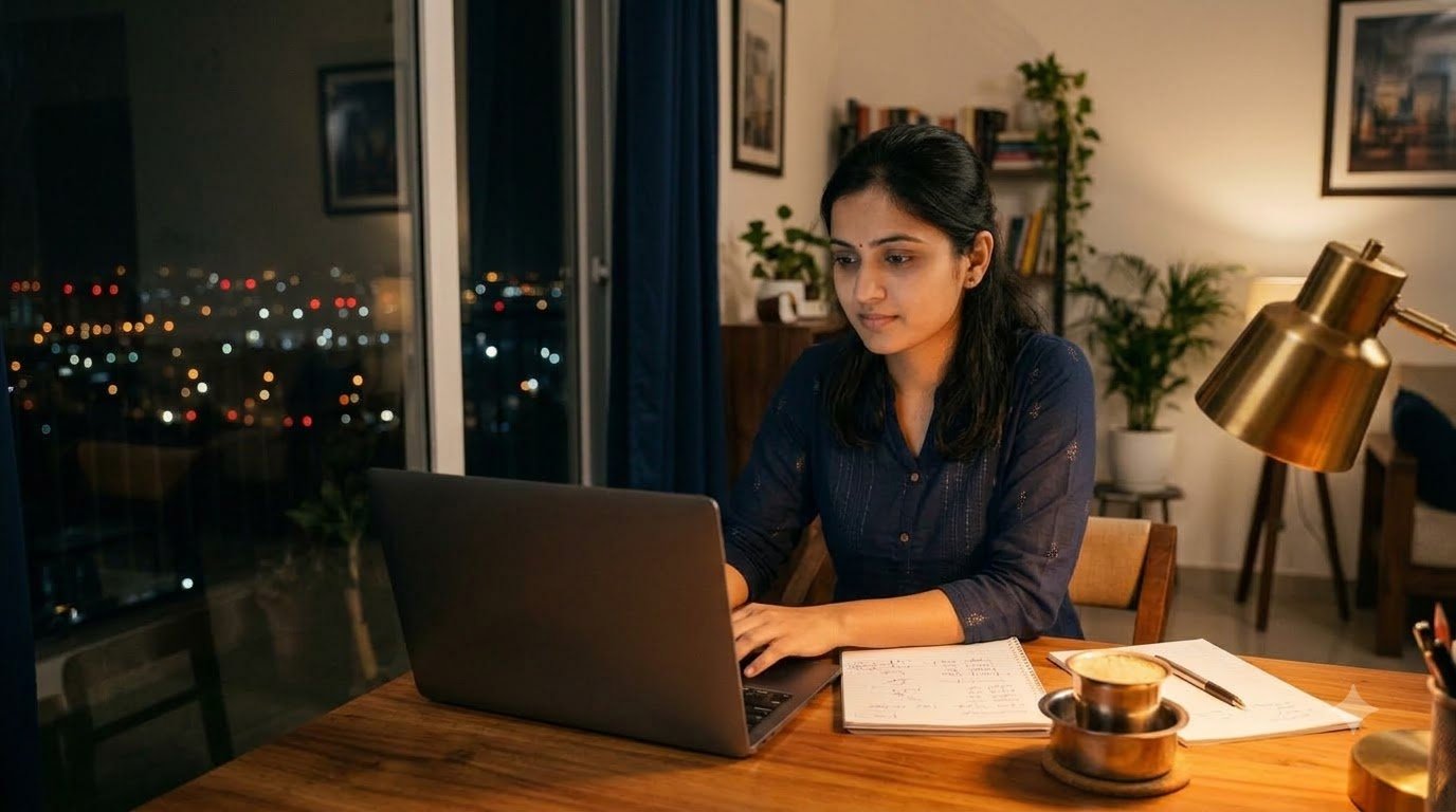 Young professional in Hyderabad comparing international mutual funds and a rupee-dollar chart on her laptop at home