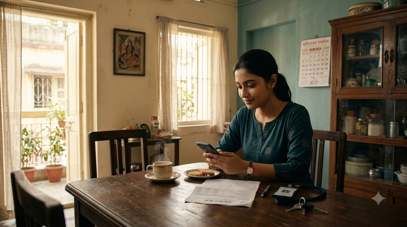Salaried woman checking her PF passbook on a phone at home, explaining what is EPFO for Indian employees