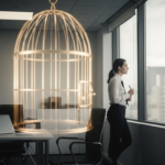 A person looking out a window, appearing thoughtful and slightly trapped in a modern office, with a faint image of a golden cage overlai